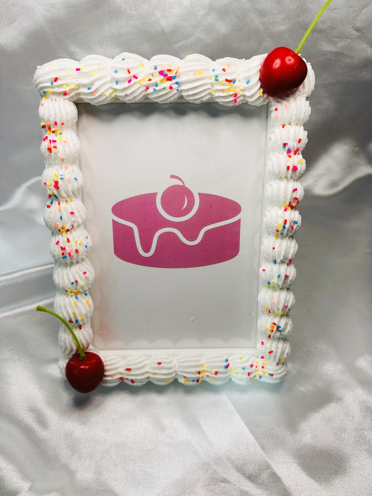 Fake Cake Photo Frame: Sprinkled Faux Icing, Cherry Decor