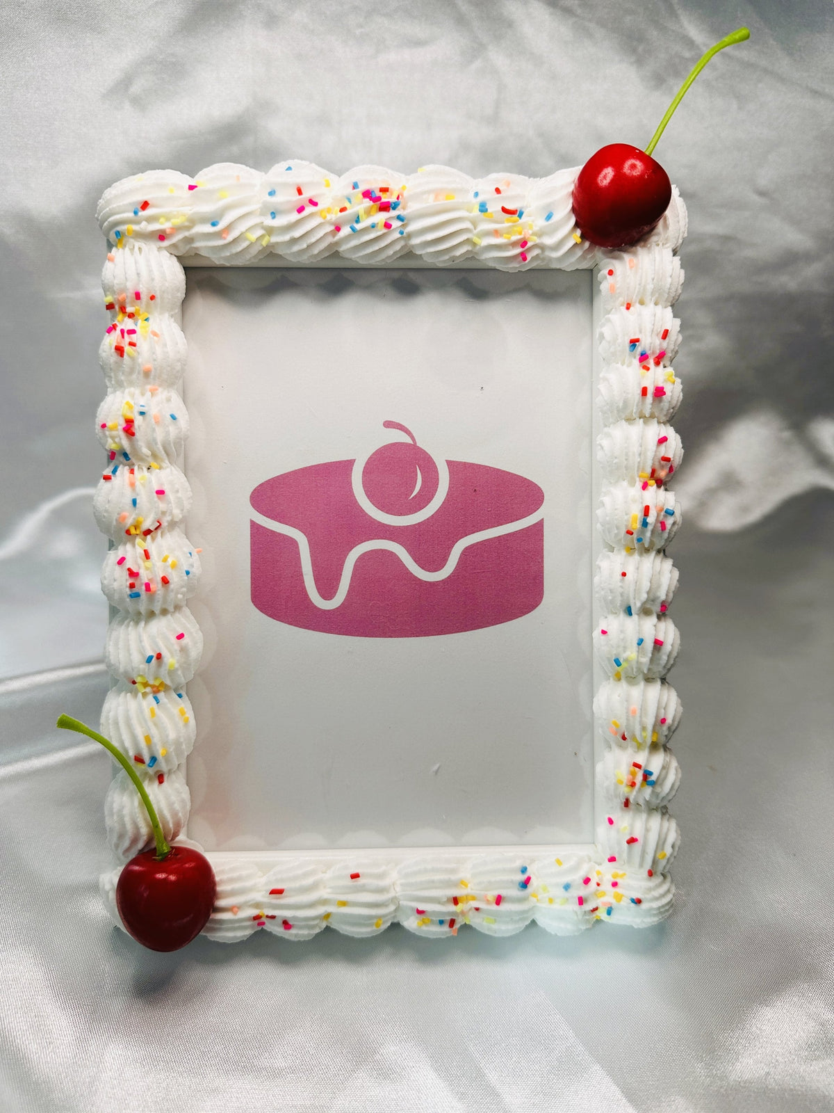 Fake Cake Photo Frame: Sprinkled Faux Icing, Cherry Decor