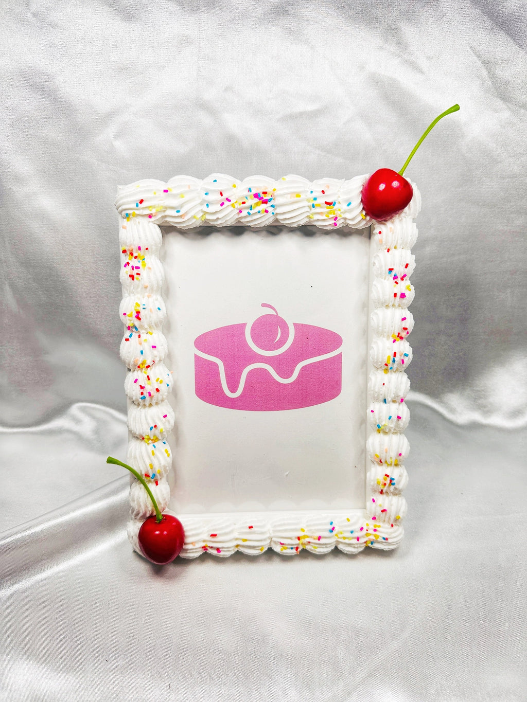 Fake Cake Photo Frame: Sprinkled Faux Icing, Cherry Decor