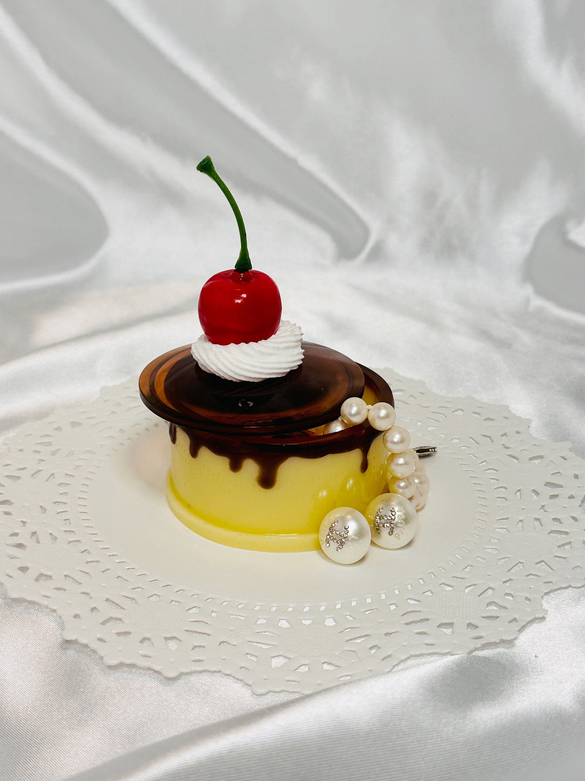 Flan Pudding Trinket Container: Faux Cherry & Whipped Cream Lid