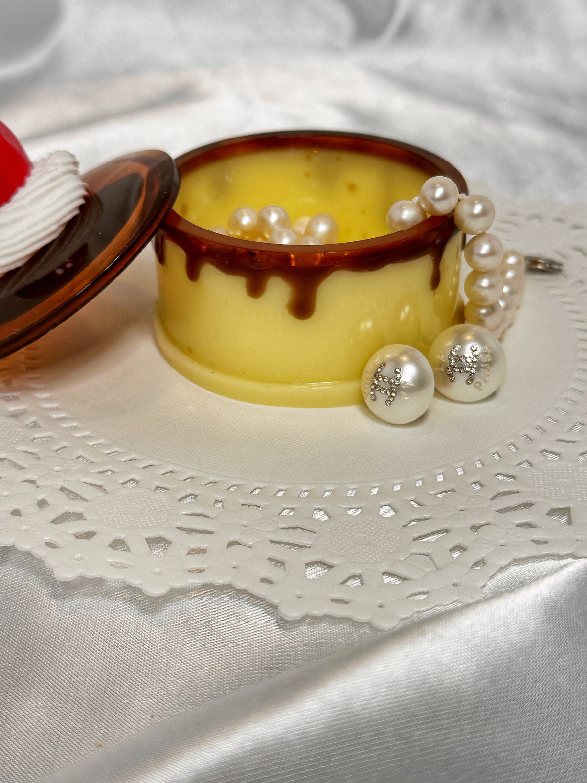 Flan Pudding Trinket Container: Faux Cherry & Whipped Cream Lid