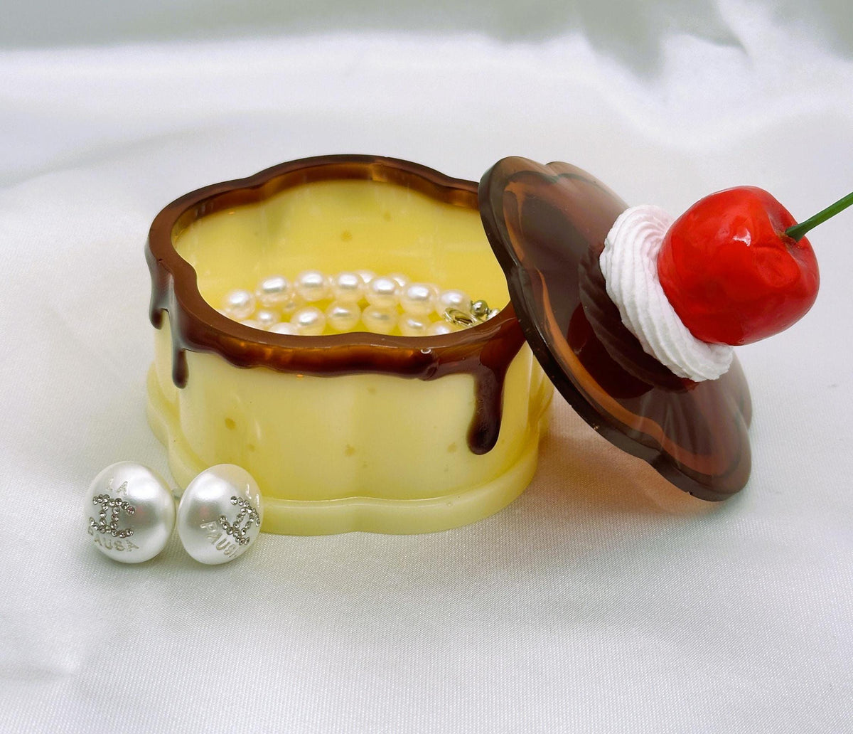 Handmade Flan Pudding Trinket Box: Faux Cherry & Whipped Cream Lid