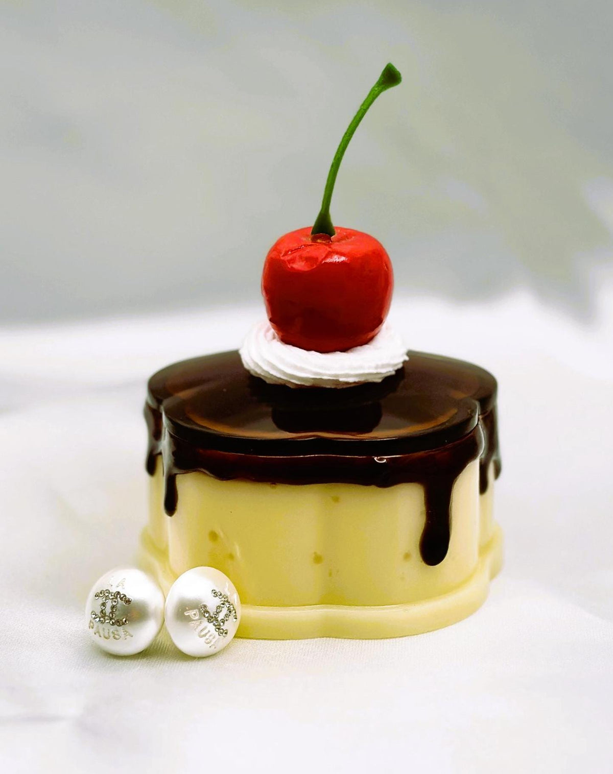 Handmade Flan Pudding Trinket Box: Faux Cherry & Whipped Cream Lid
