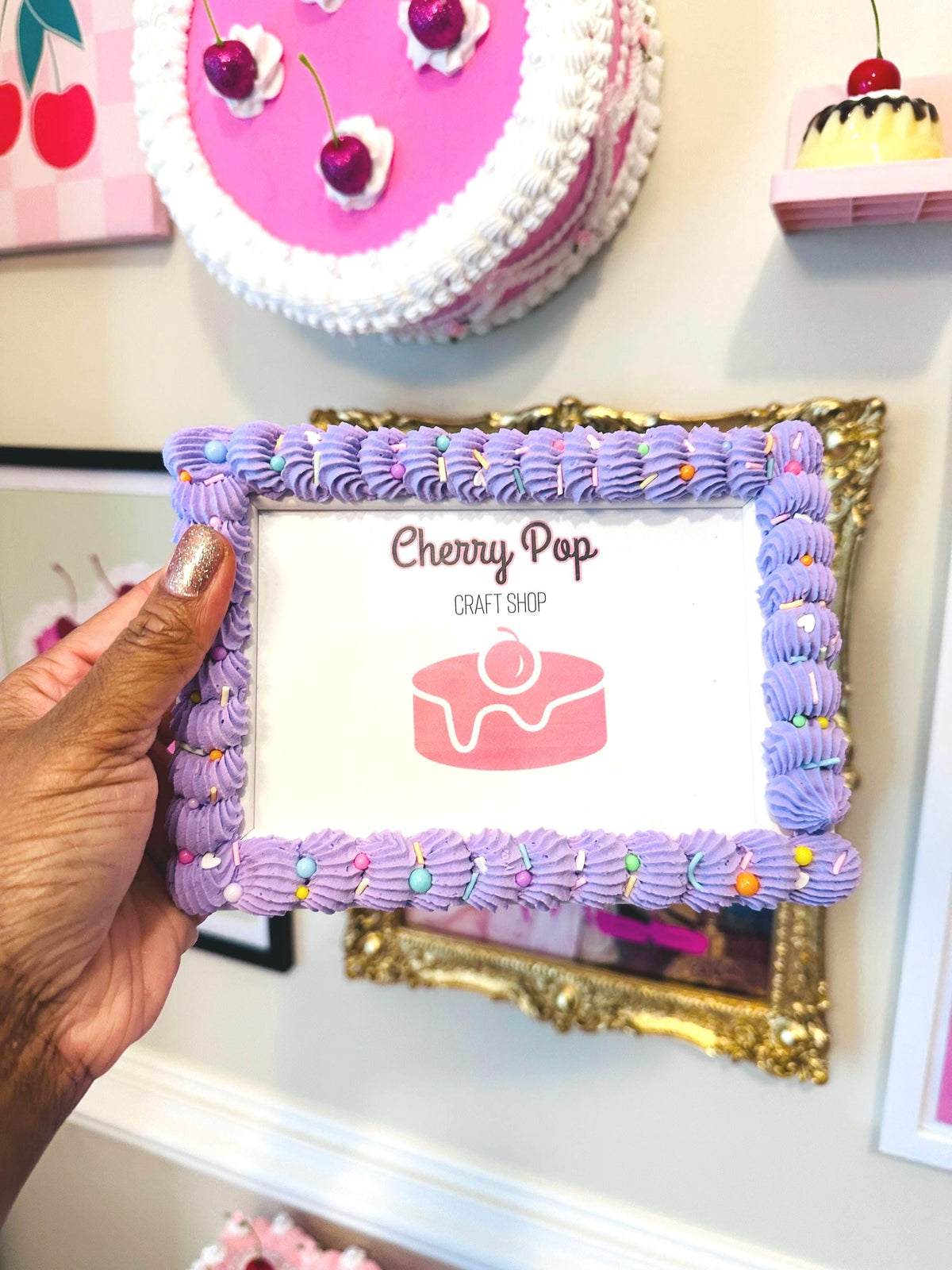 Fake Cake Purple Cake Photo Frame - Icing & Sprinkles Wooden Picture Holder Decoden