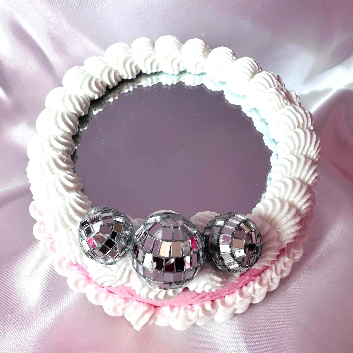 Faux Icing Cake Mirror: Disco Balls & Pink Ribbons - Dopamine Decor