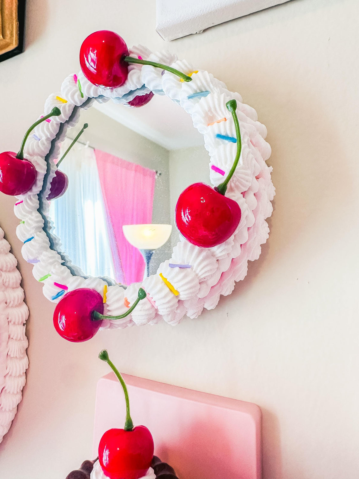 Pink Faux Cake Mirror: Cherries & Sprinkles - Dopamine Decor