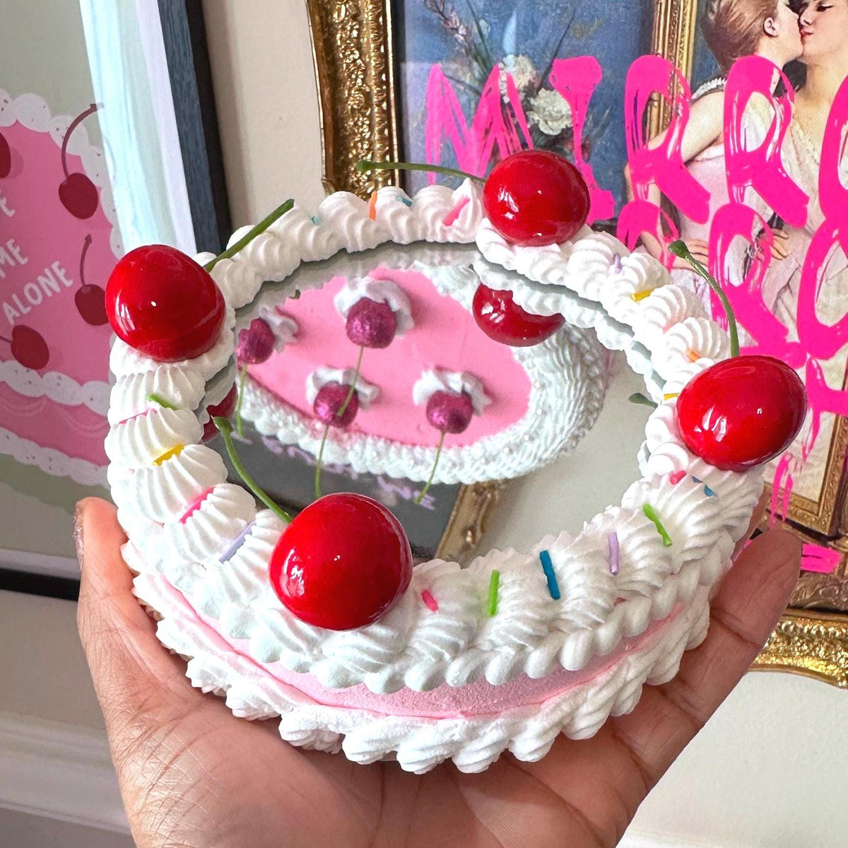 Pink Faux Cake Mirror: Cherries & Sprinkles - Dopamine Decor