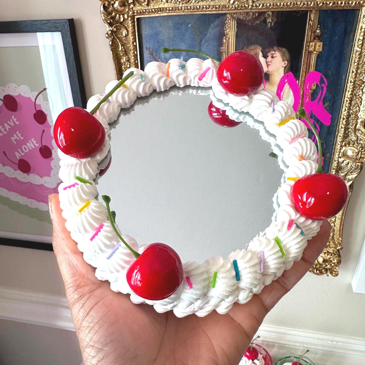 Pink Faux Cake Mirror: Cherries & Sprinkles - Dopamine Decor