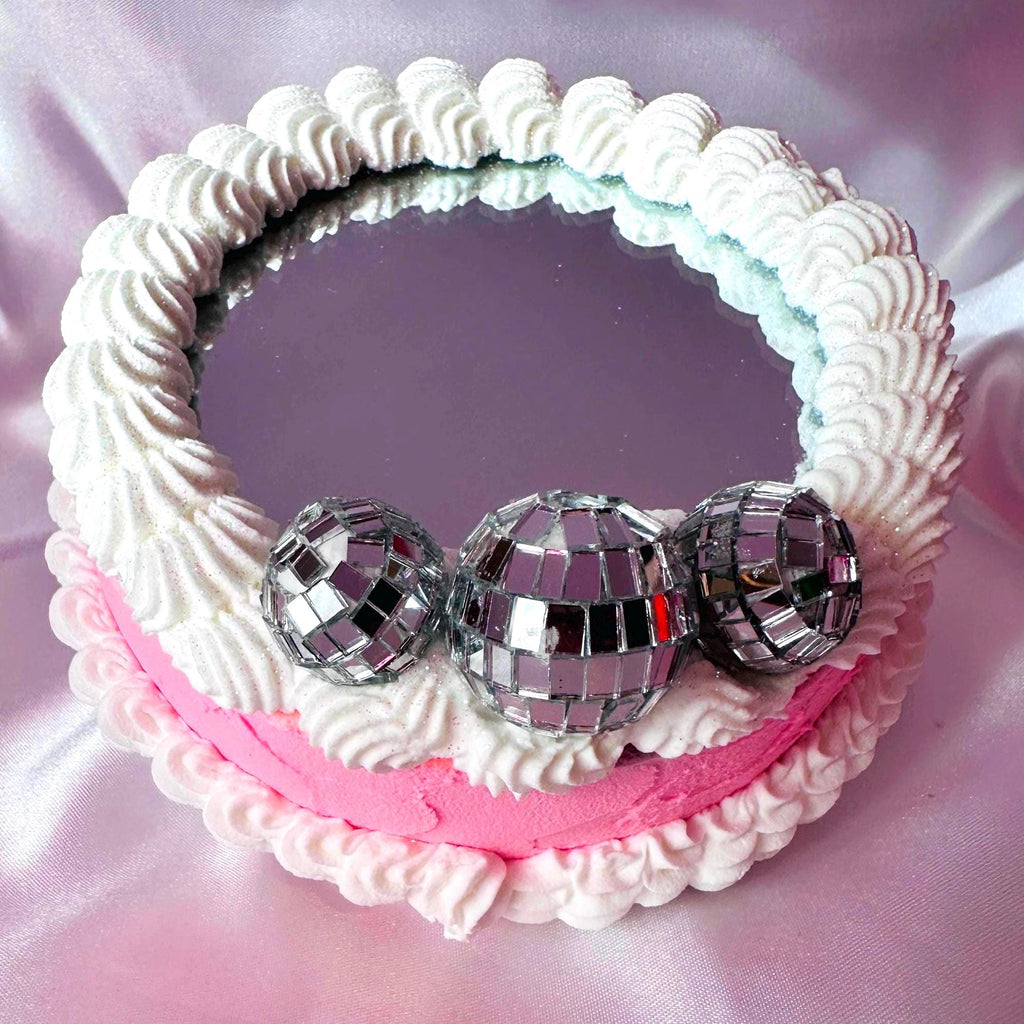 Faux Icing Cake Mirror: Disco Balls & Pink Ribbons - Dopamine Decor