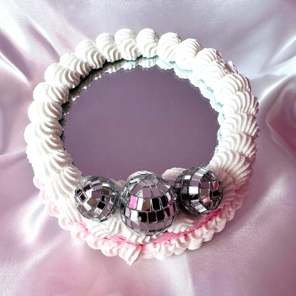 Faux Icing Cake Mirror: Disco Balls & Pink Ribbons - Dopamine Decor