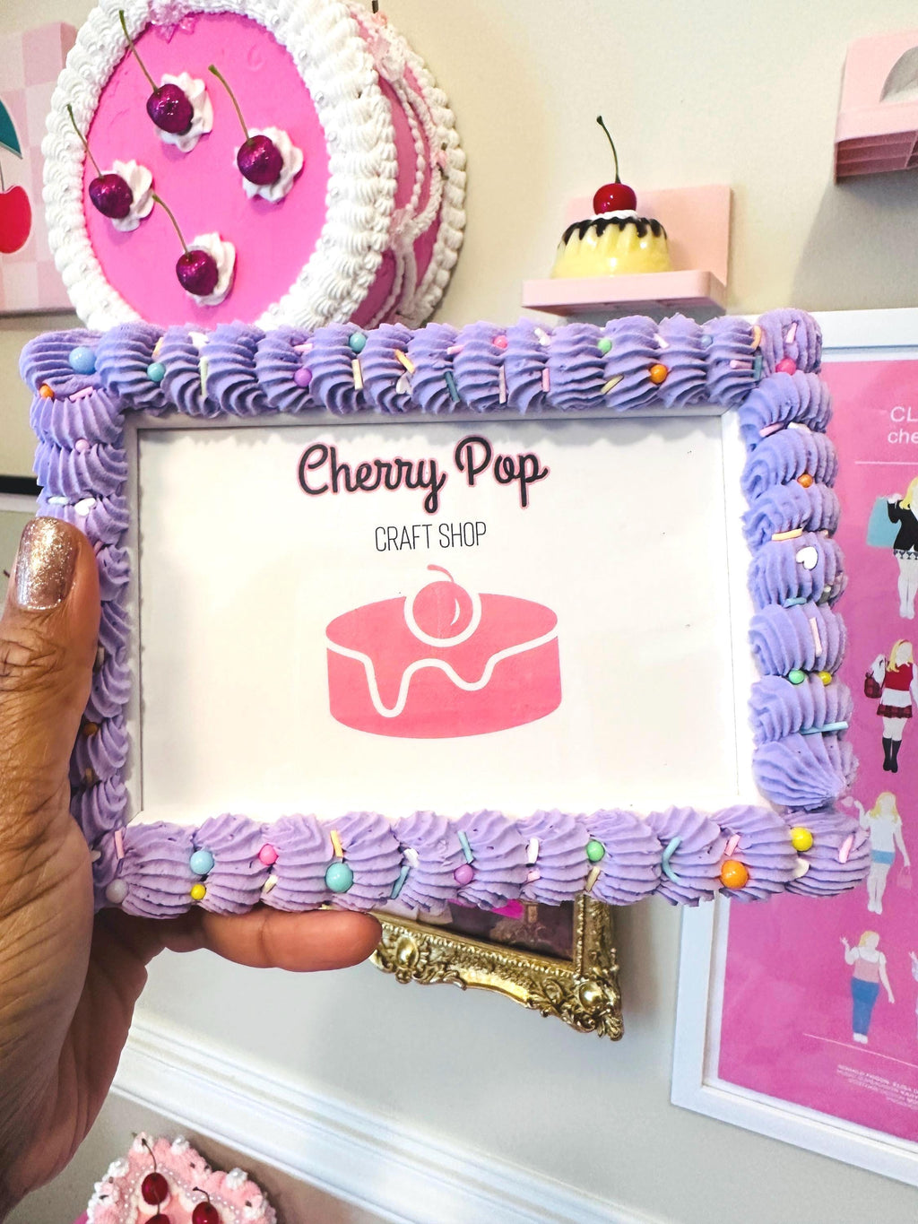 Fake Cake Purple Cake Photo Frame - Icing & Sprinkles Wooden Picture Holder Decoden