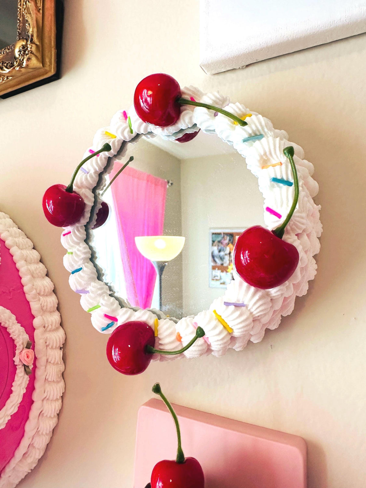Pink Faux Cake Mirror: Cherries & Sprinkles - Dopamine Decor