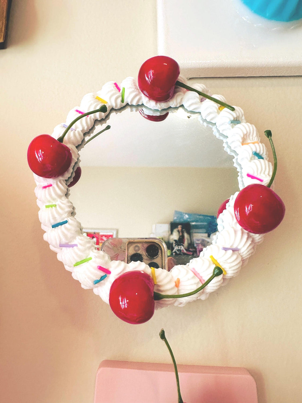 Pink Faux Cake Mirror: Cherries & Sprinkles - Dopamine Decor