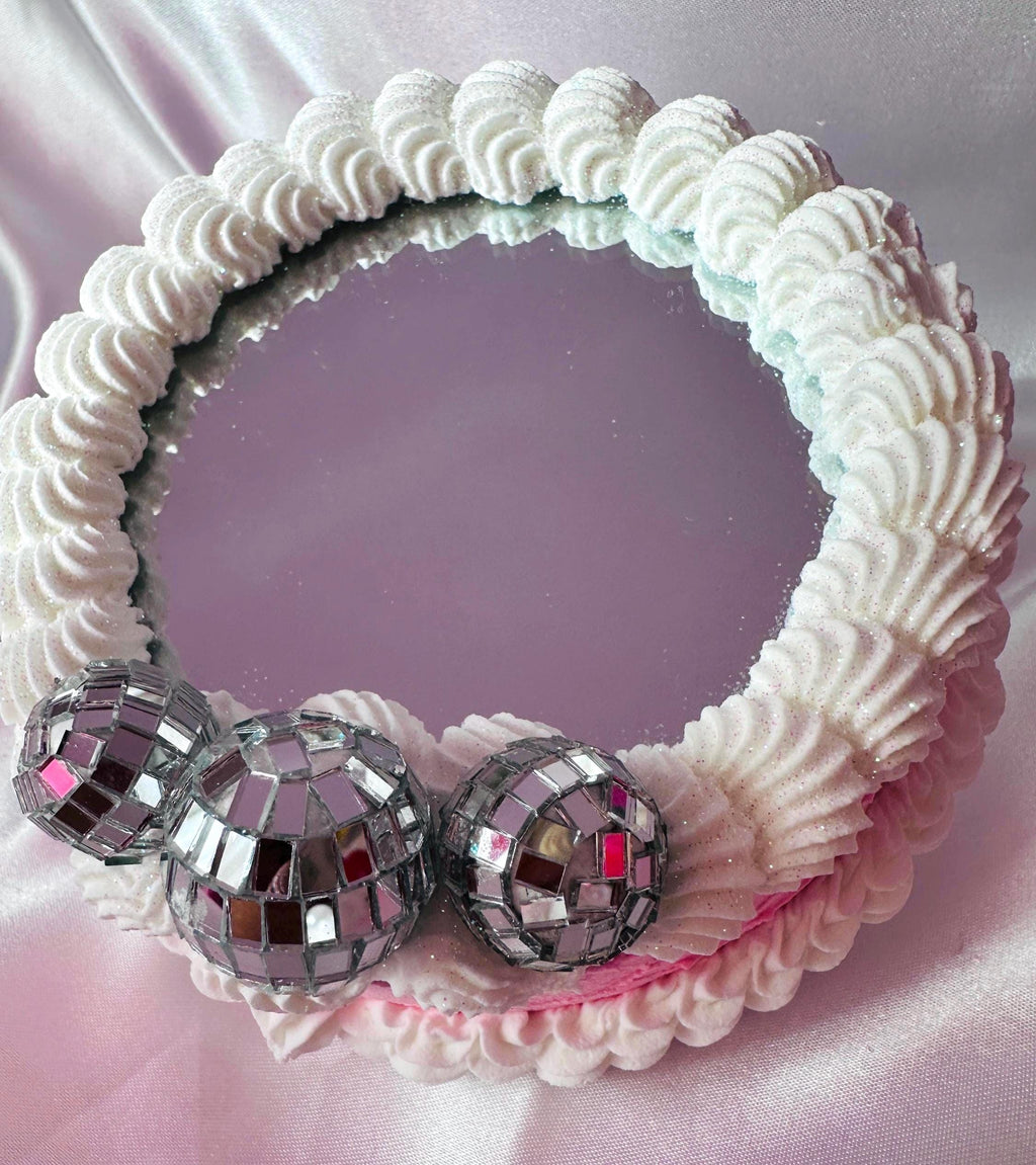 Faux Icing Cake Mirror: Disco Balls & Pink Ribbons - Dopamine Decor