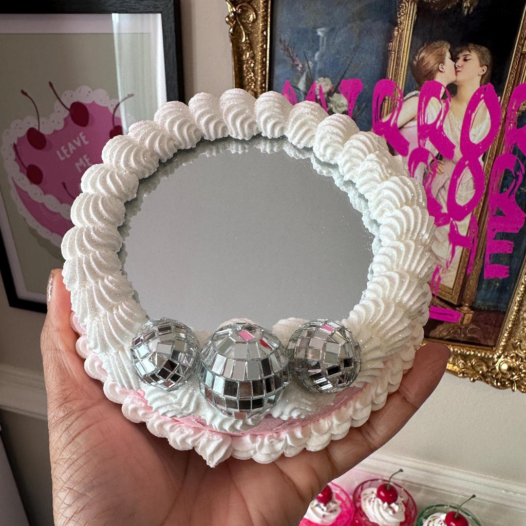 Faux Icing Cake Mirror: Disco Balls & Pink Ribbons - Dopamine Decor