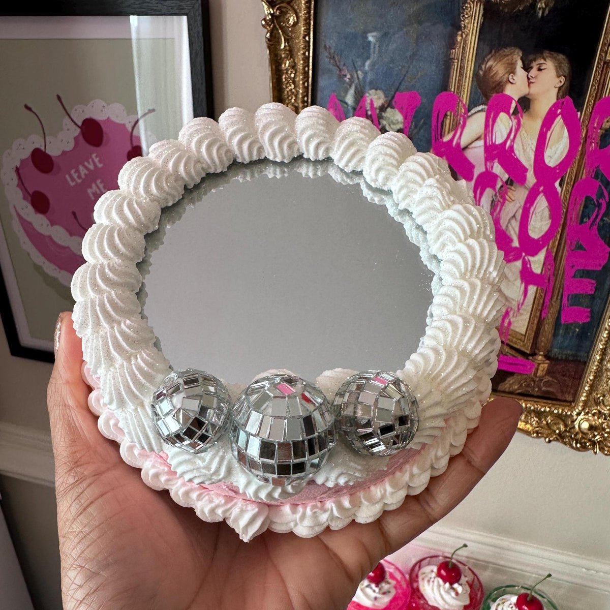 Faux Icing Cake Mirror: Disco Balls & Pink Ribbons - Dopamine Decor