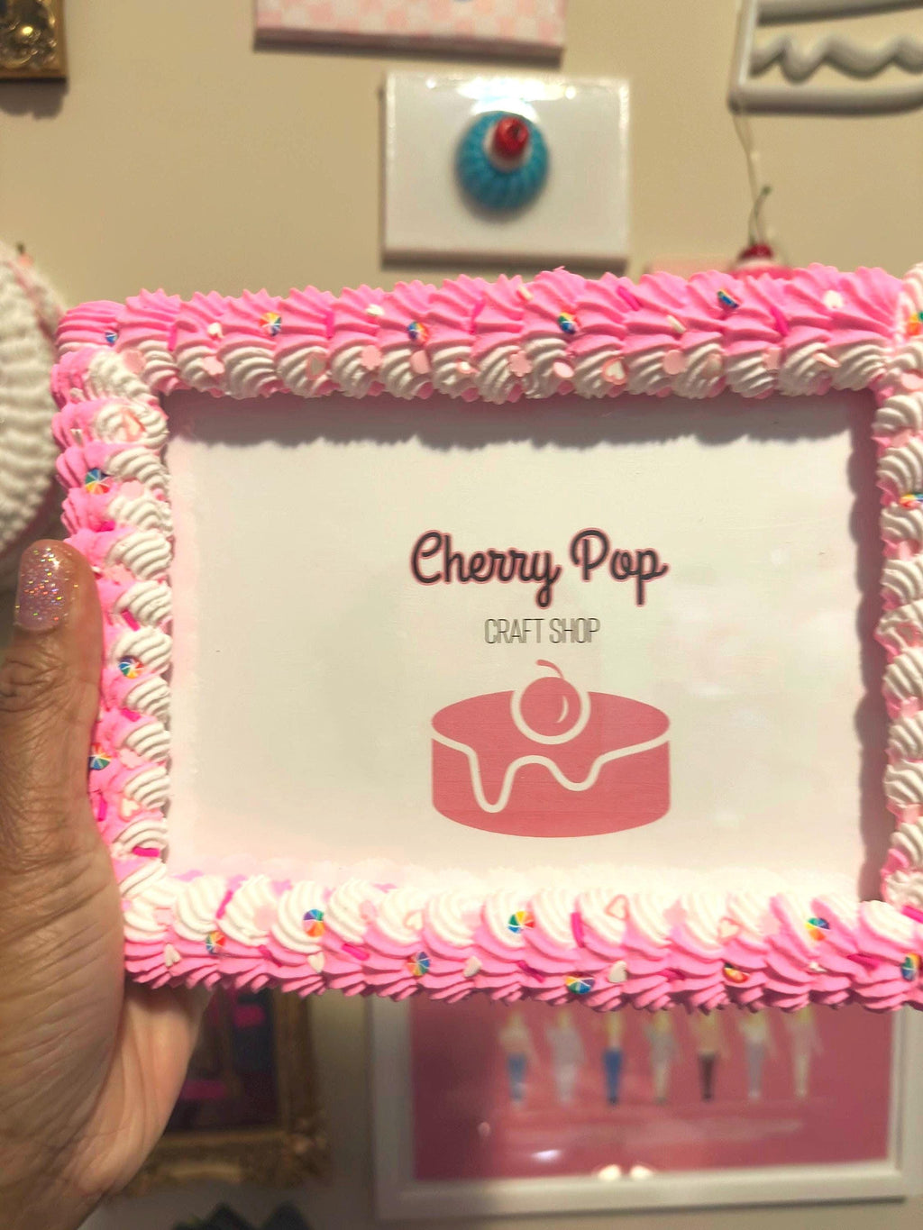Bright Pink Fake Cake Picture Frame: Handmade Faux Icing & Sprinkles