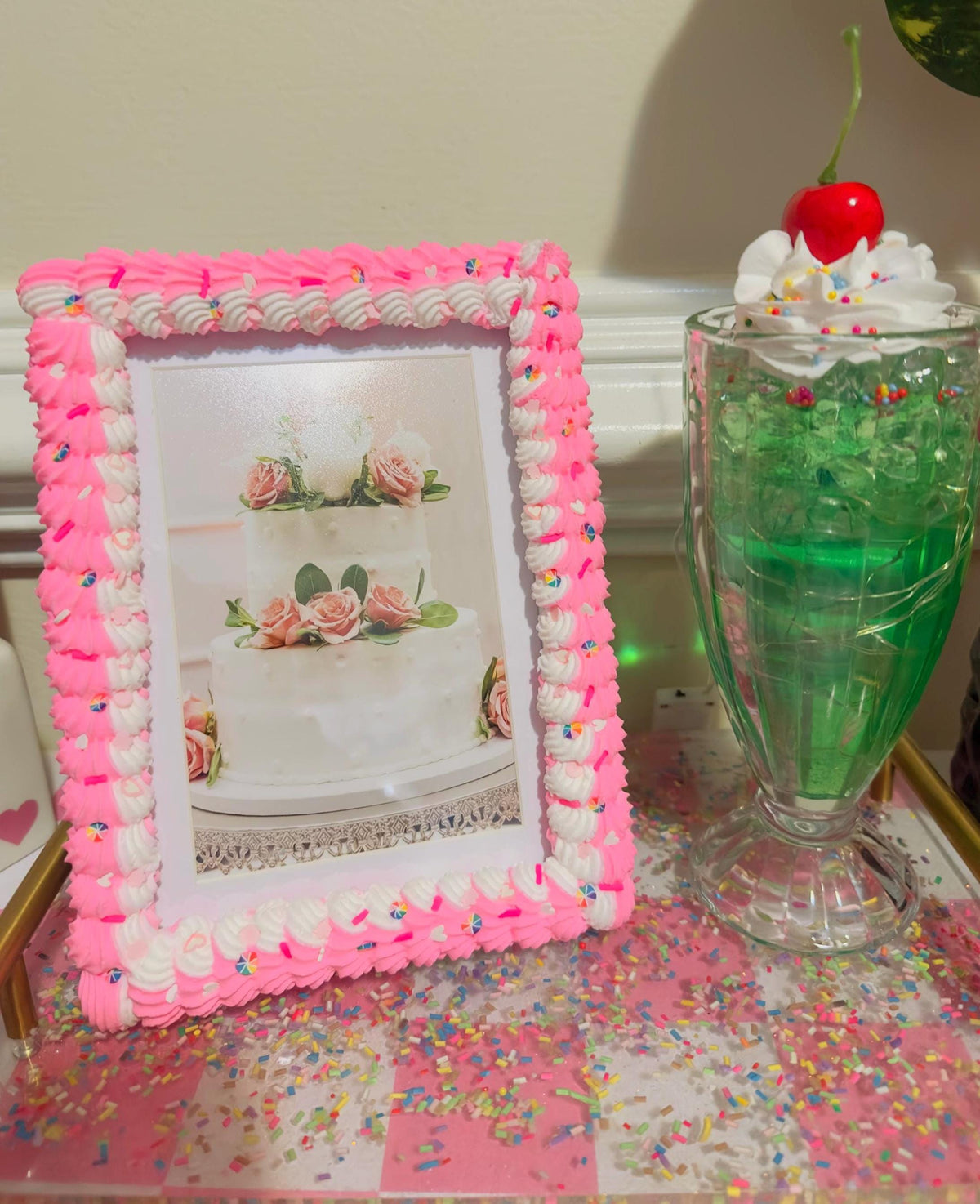 Bright Pink Fake Cake Picture Frame: Handmade Faux Icing & Sprinkles