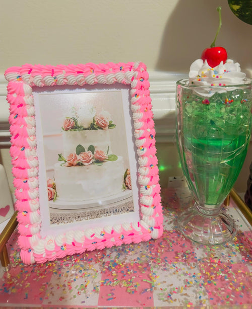Bright Pink Fake Cake Picture Frame: Handmade Faux Icing & Sprinkles