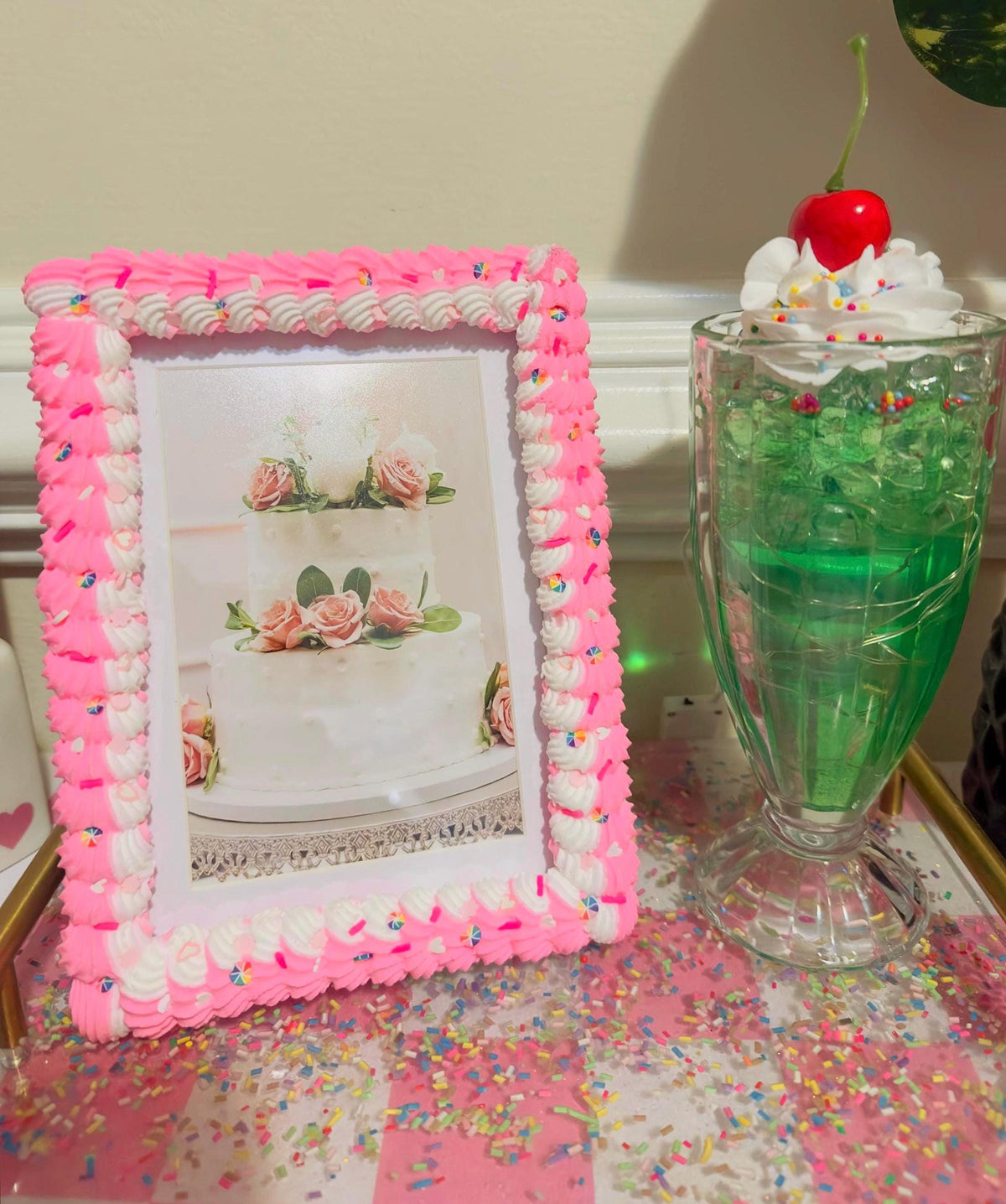 Bright Pink Fake Cake Picture Frame: Handmade Faux Icing & Sprinkles