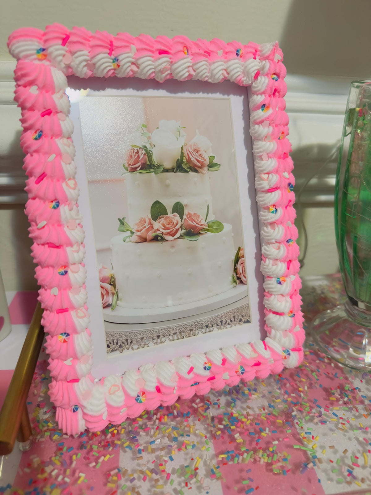 Bright Pink Fake Cake Picture Frame: Handmade Faux Icing & Sprinkles
