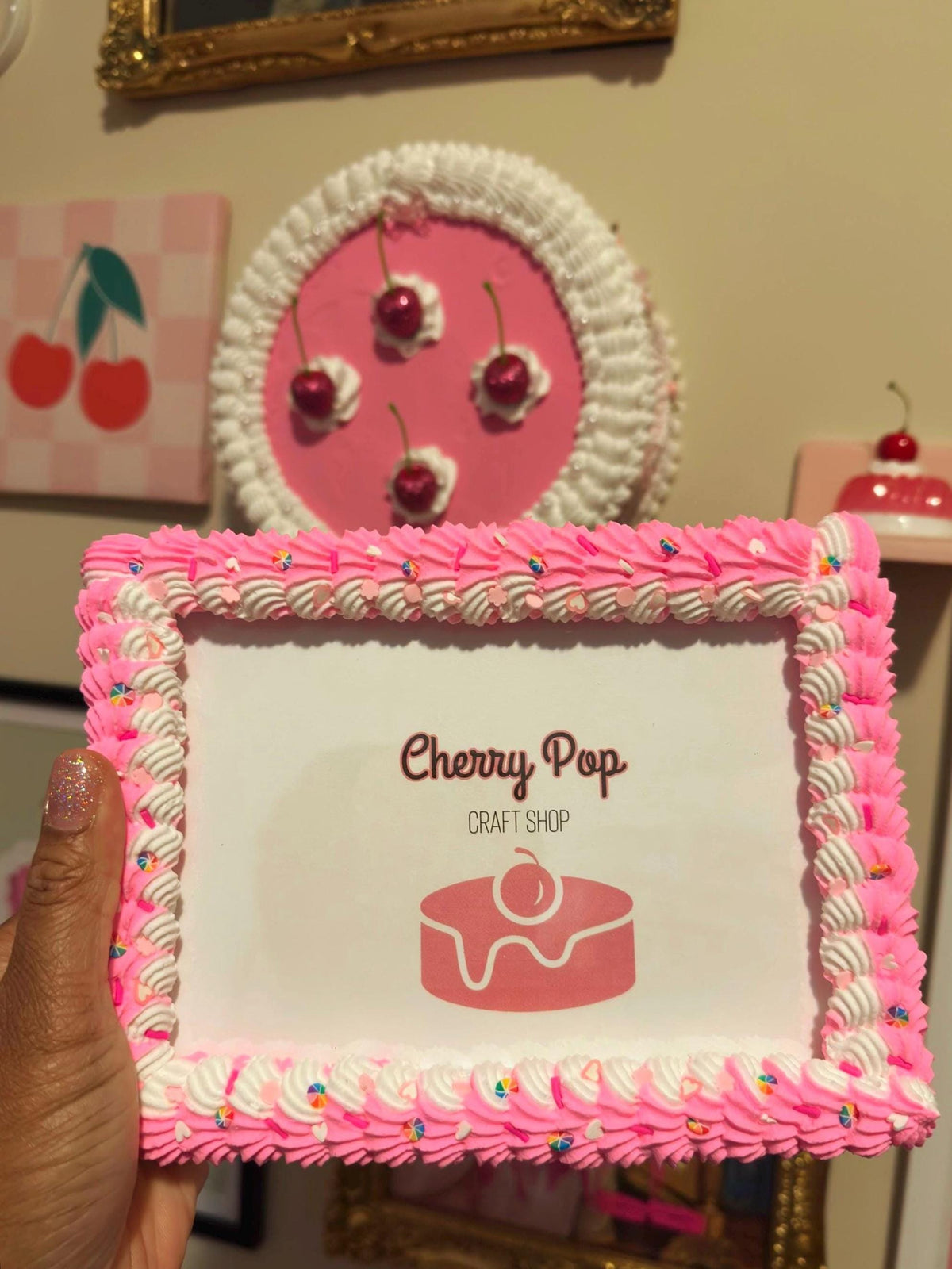 Bright Pink Fake Cake Picture Frame: Handmade Faux Icing & Sprinkles