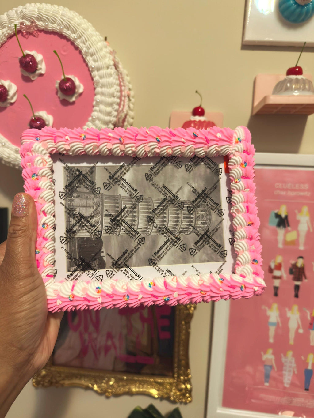 Bright Pink Fake Cake Picture Frame: Handmade Faux Icing & Sprinkles