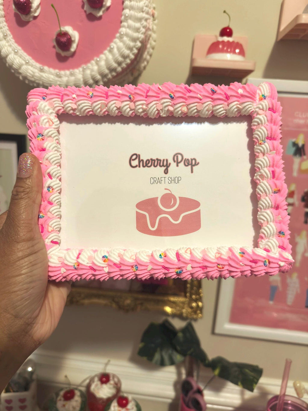 Bright Pink Fake Cake Picture Frame: Handmade Faux Icing & Sprinkles