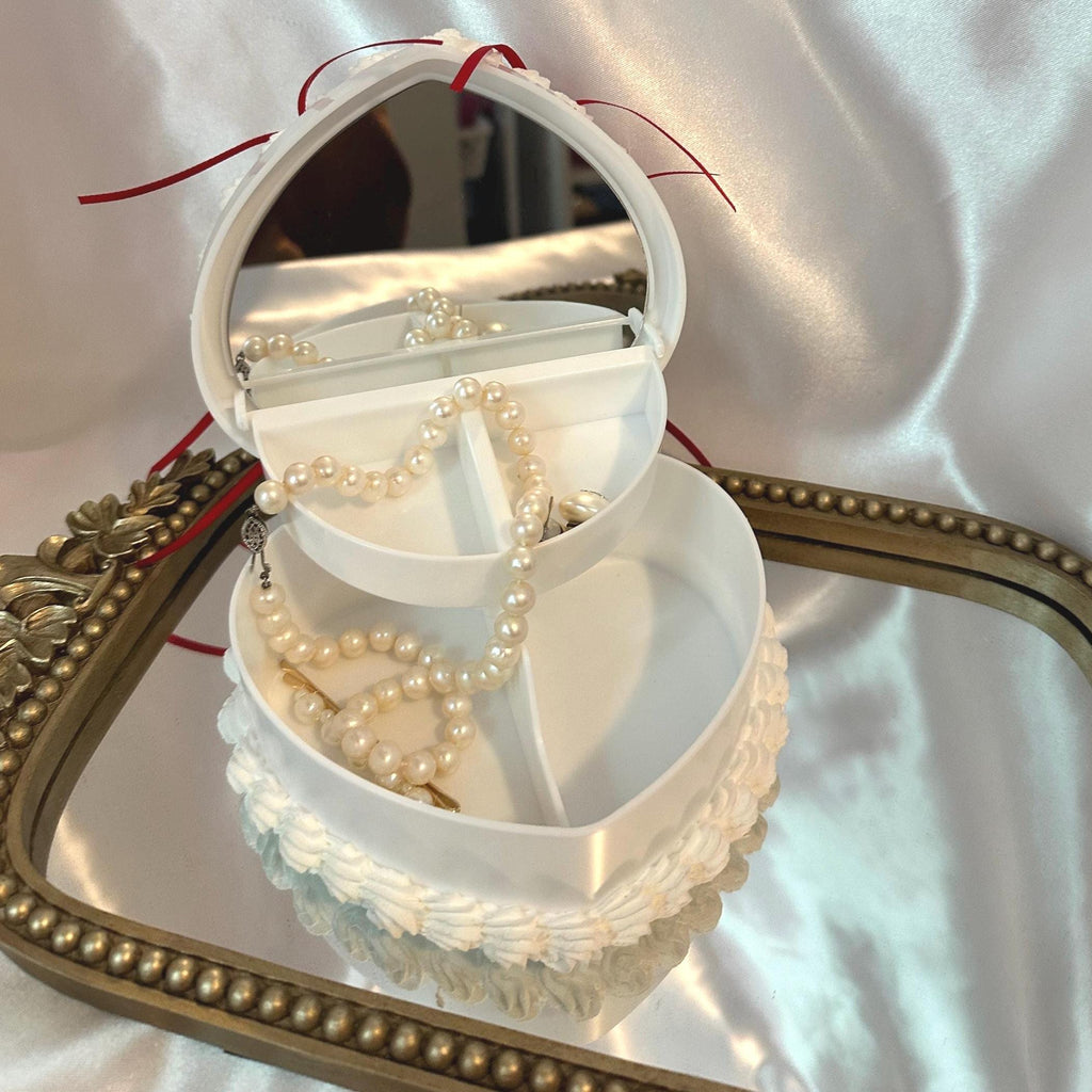 Coquette Heart Cake Jewelry Box: White & Satin Bow Decor