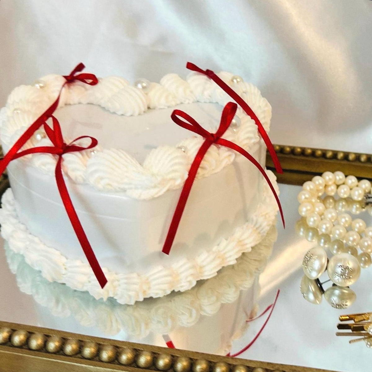 Coquette Heart Cake Jewelry Box: White & Satin Bow Decor