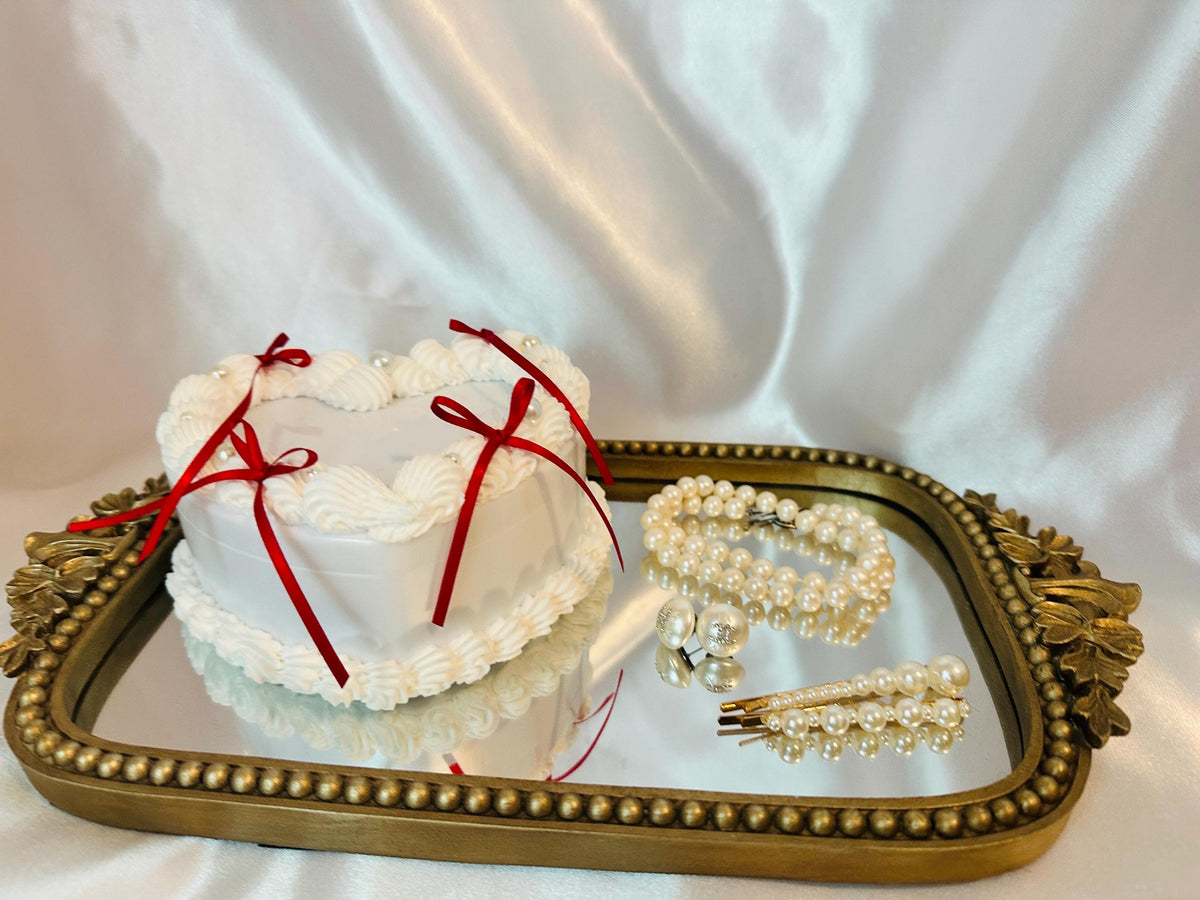 Coquette Heart Cake Jewelry Box: White & Satin Bow Decor