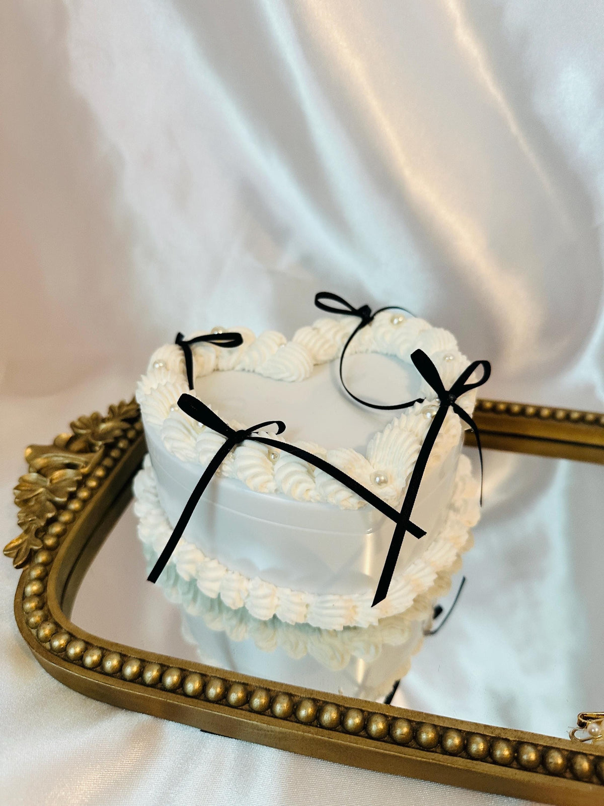 Coquette Heart Cake Jewelry Box: White & Satin Bow Decor