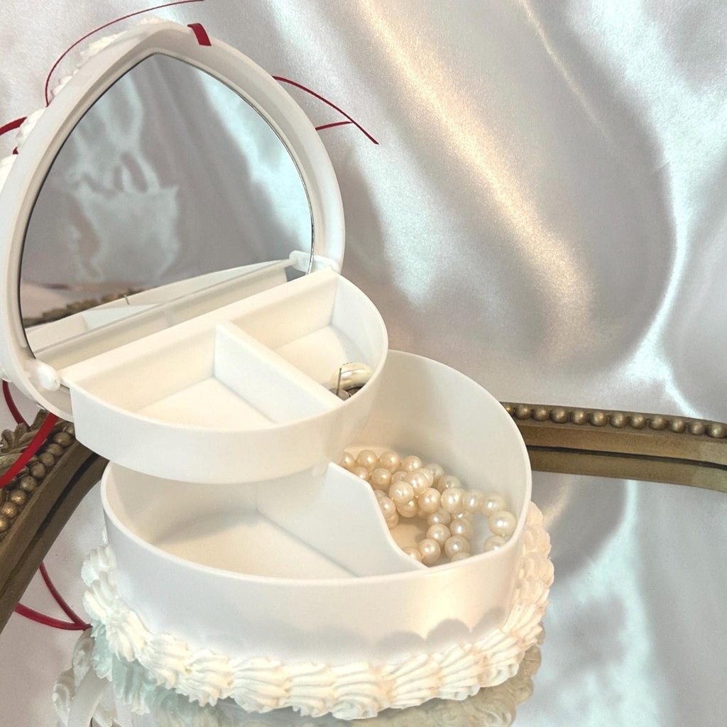 Coquette Heart Cake Jewelry Box: White & Satin Bow Decor
