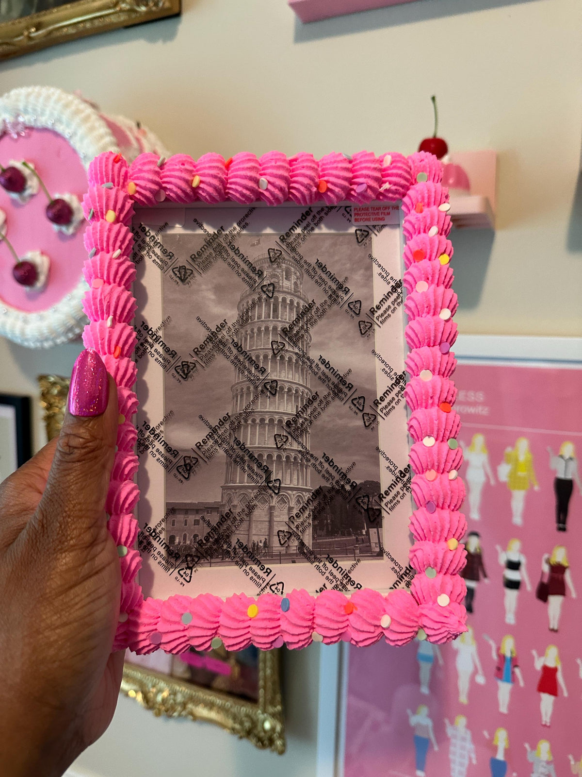 Bright Pink Fake Cake Picture Frame with Fluffy Icing | Vertical or Horizontal Orientation