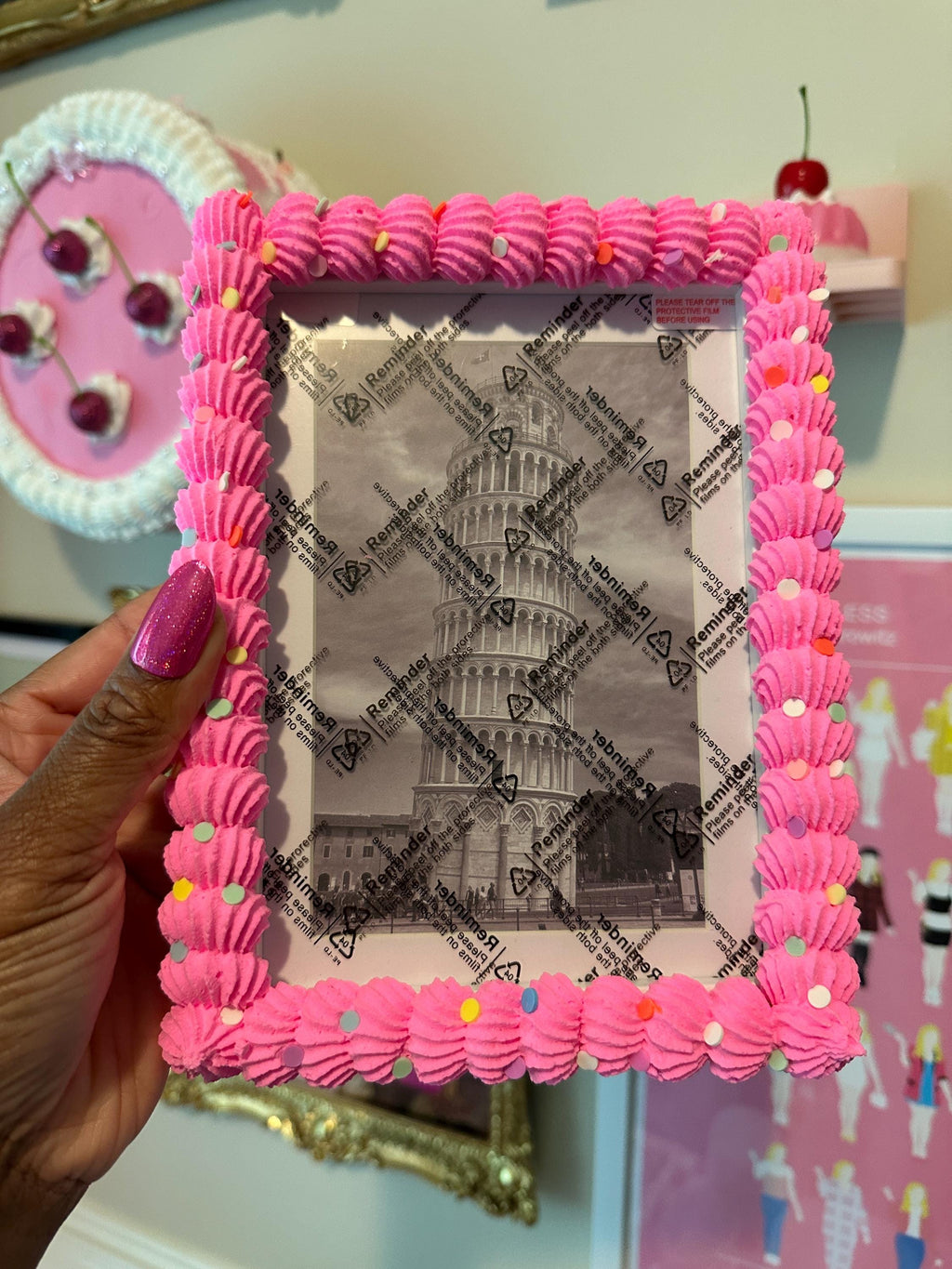 Bright Pink Fake Cake Picture Frame with Fluffy Icing | Vertical or Horizontal Orientation