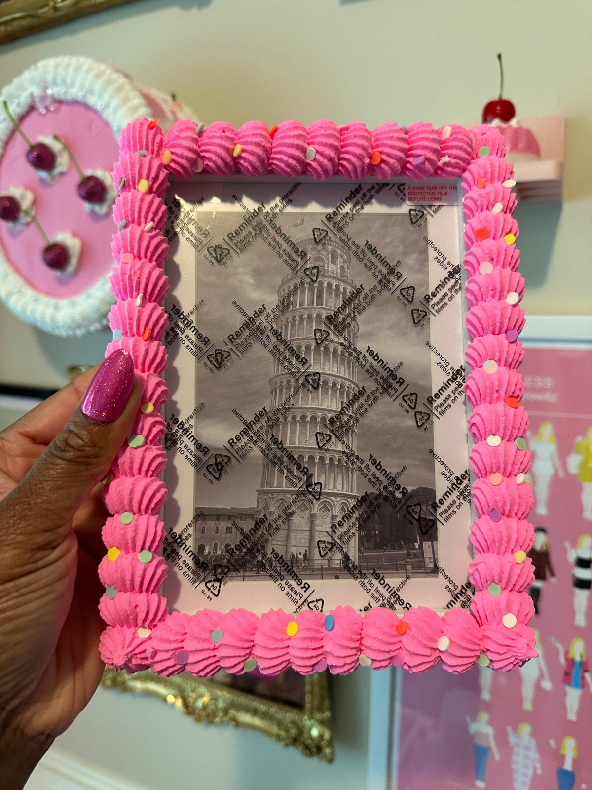 Bright Pink Fake Cake Picture Frame with Fluffy Icing | Vertical or Horizontal Orientation