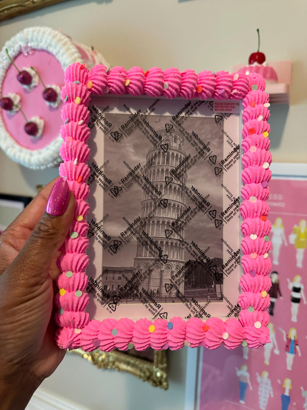 Bright Pink Fake Cake Picture Frame with Fluffy Icing | Vertical or Horizontal Orientation