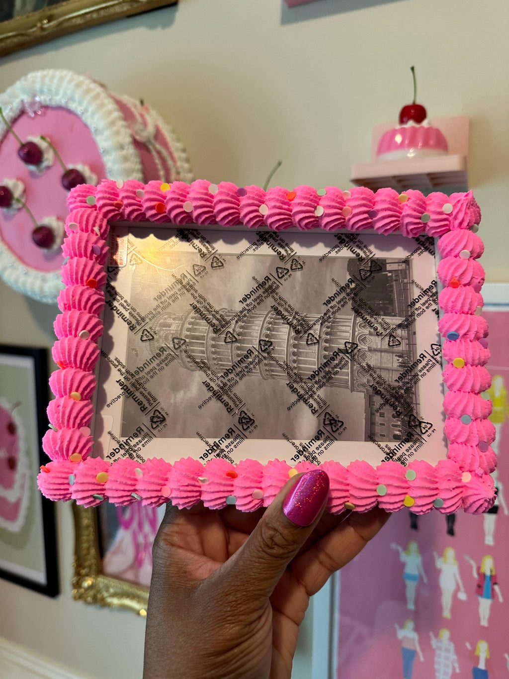 Bright Pink Fake Cake Picture Frame with Fluffy Icing | Vertical or Horizontal Orientation