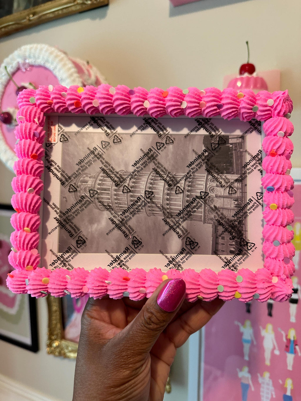 Bright Pink Fake Cake Picture Frame with Fluffy Icing | Vertical or Horizontal Orientation