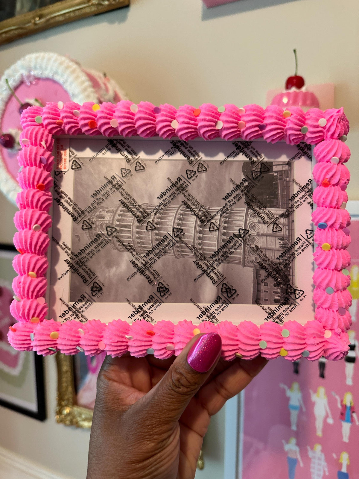 Bright Pink Fake Cake Picture Frame with Fluffy Icing | Vertical or Horizontal Orientation
