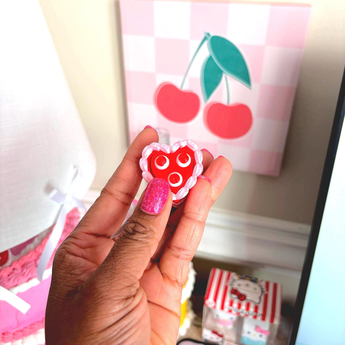 Fidget Clicker Heart Shaped Cake Keychain with Cherries