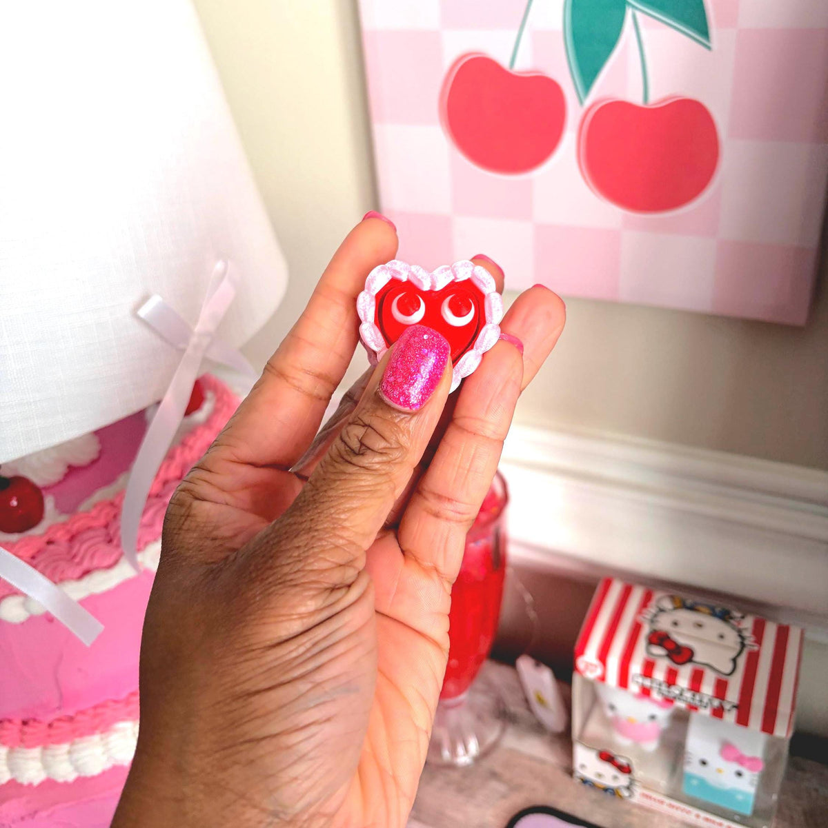 Fidget Clicker Heart Shaped Cake Keychain with Cherries