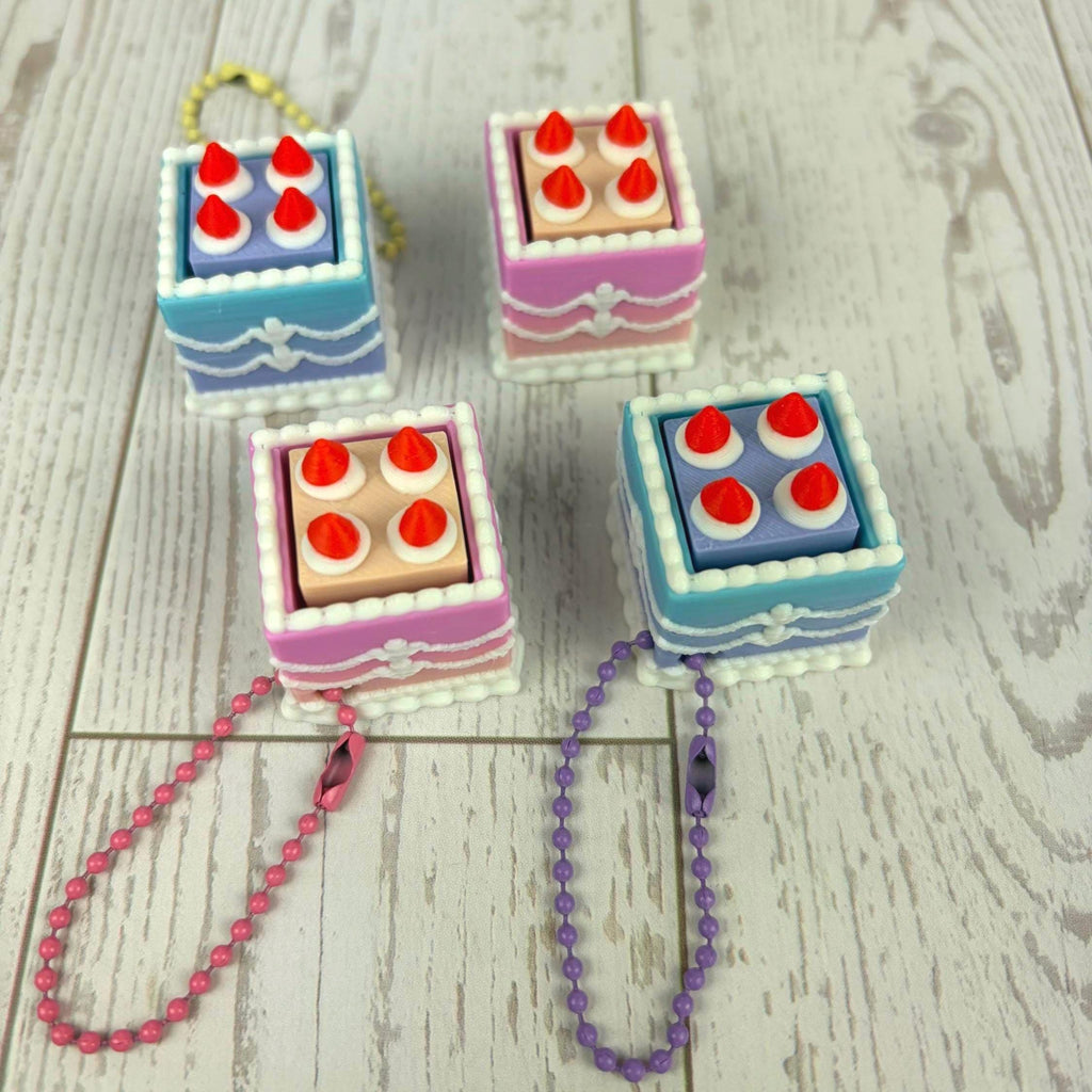 Mini Square Fake Cake Keychain with Strawberries | Mechanical Fidget Clicker