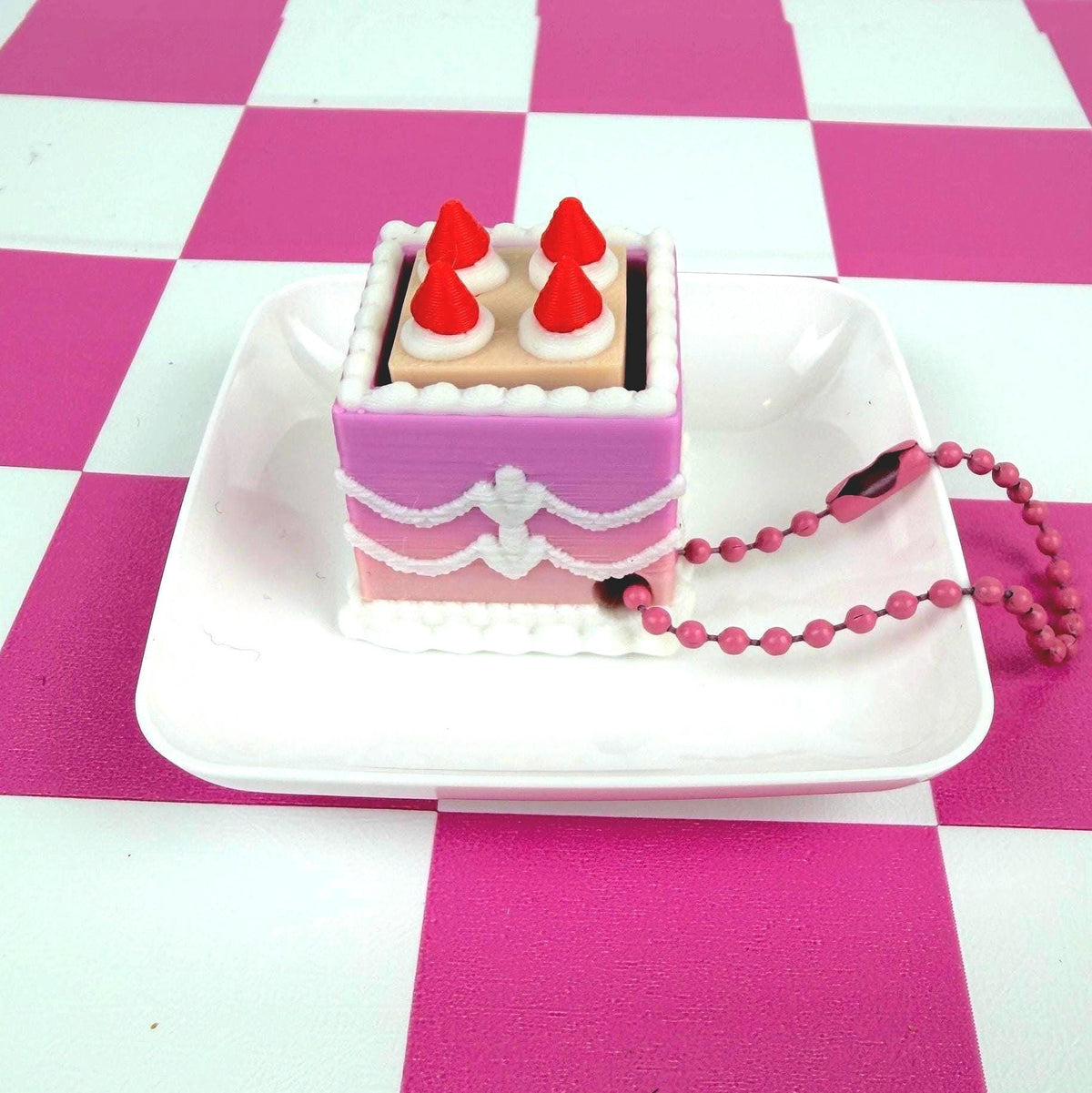 Mini Square Fake Cake Keychain with Strawberries | Mechanical Fidget Clicker