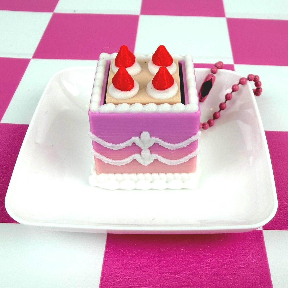 Mini Square Fake Cake Keychain with Strawberries | Mechanical Fidget Clicker