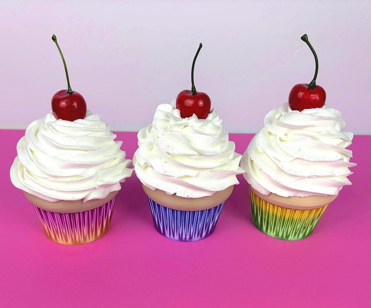 Fake Cupcake Screw Top Lid Jar with Faux Icing topped with Cherry and Glitter