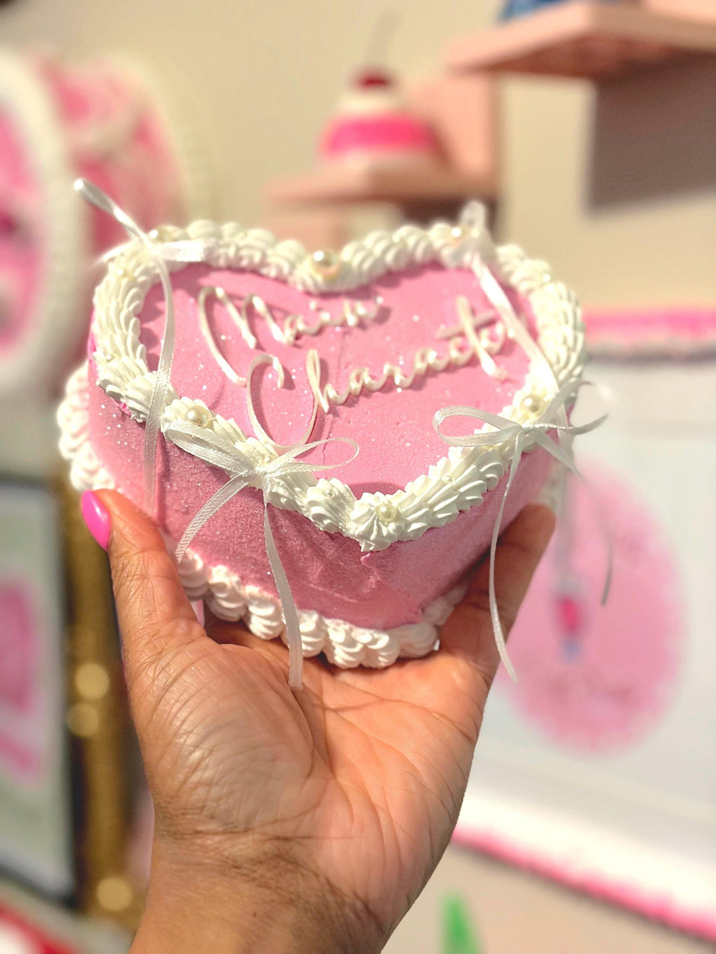 Custom Fake Heart Cake - Pink with Glitter and Ribbons