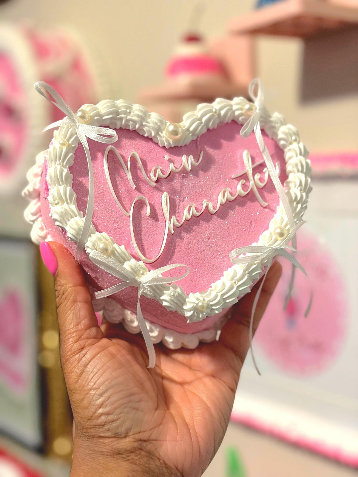 Custom Fake Heart Cake - Pink with Glitter and Ribbons