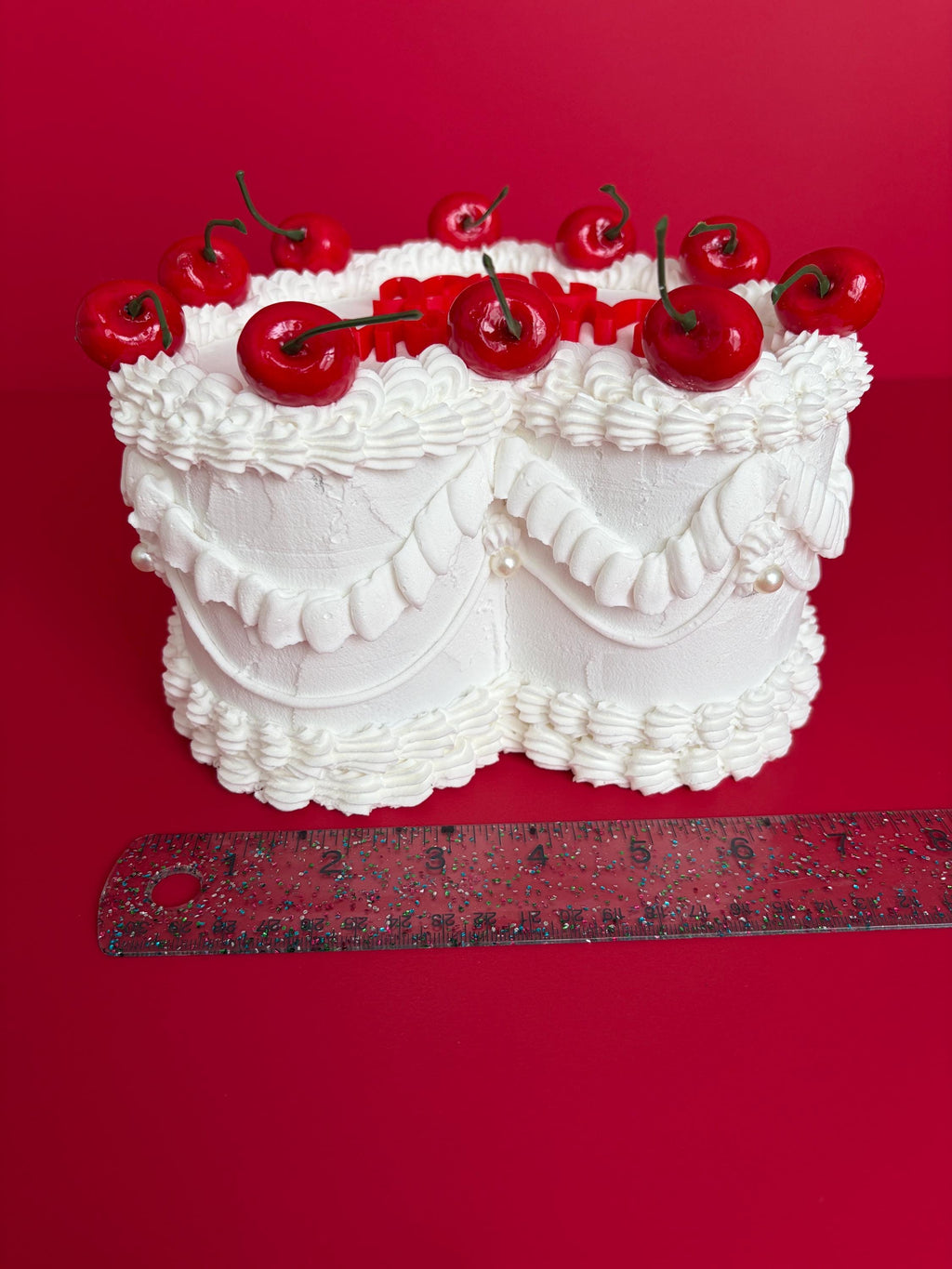 Custom Heart Fake Cake with Cherries & Personalized Text