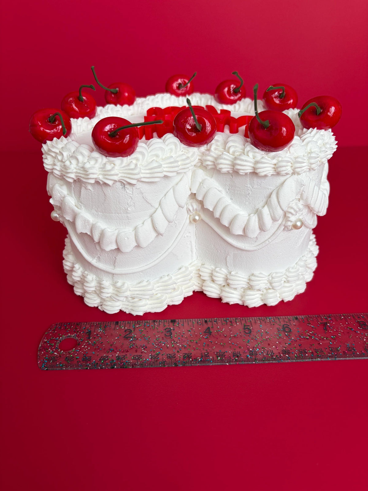 Custom Heart Fake Cake with Cherries & Personalized Text